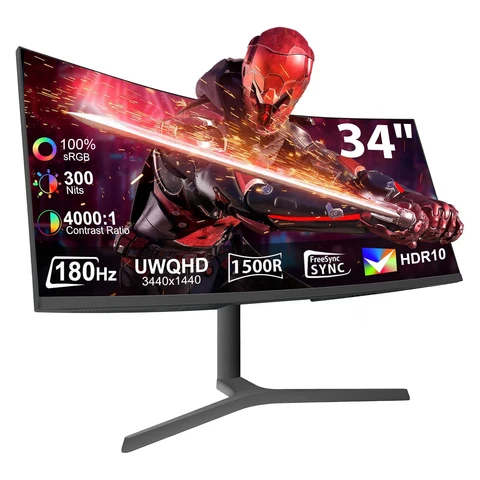 WCH-F3402 34-Inch 1500R Curved Ultrawide UWQHD Gaming Monitor – 3440 × 1440 Resolution, 180Hz Refresh Rate, 1ms Response Time, VA Panel, HDR, 100% sRGB, Anti-Blue Light